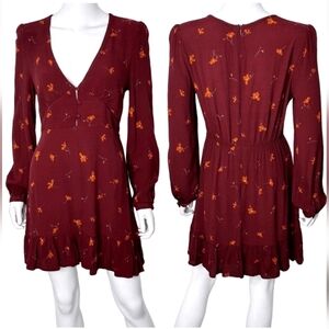 Dress Forum Teedra Floral Long Sleeve Plunge Mini Dress In Burgundy Size Small